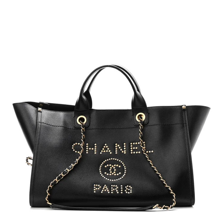 cc Caviar Medium Studded Deauville Tote Black