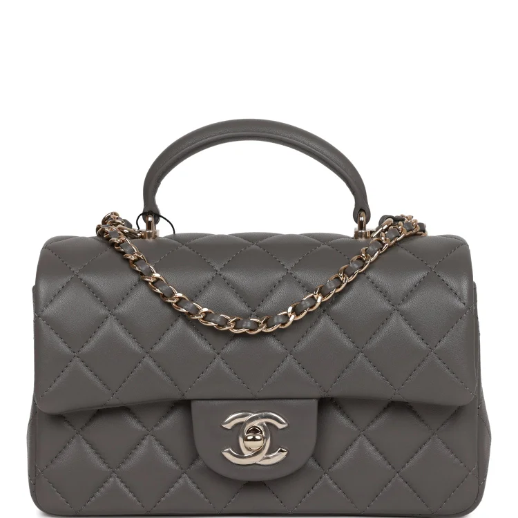 CC Mini Rectangular Flap Bag with Top Handle Dark Grey Lambskin Light Gold Hardware
