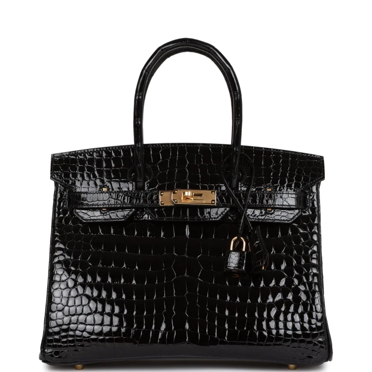 H Birkin 30 Black Shiny Niloticus Crocodile Gold Hardware