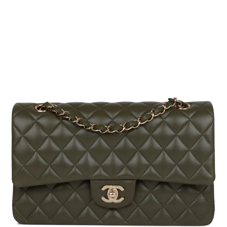 CC Medium Classic Double Flap Bag Olive Calfskin Light Gold Hardware